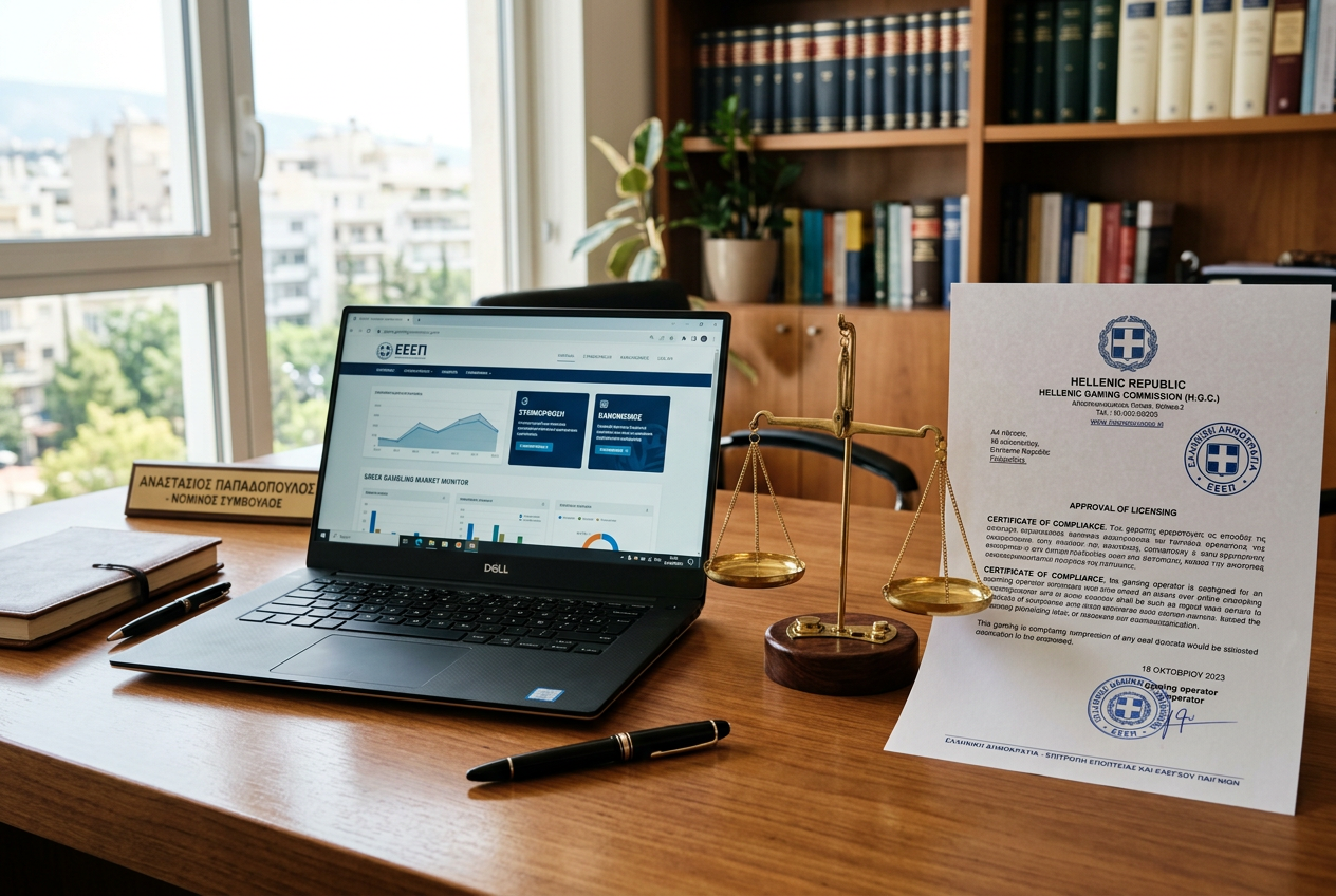 Ένας φορητός υπολογιστής με νομικά έγγραφα και σύμβολα δικαιοσύνης.