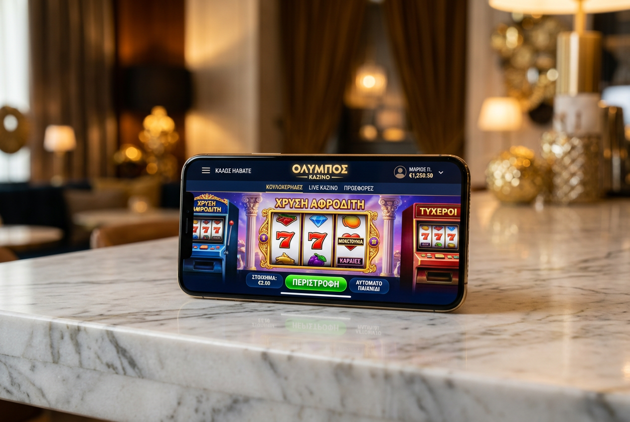 Luxury smartphone showing an online casino app with slots.
